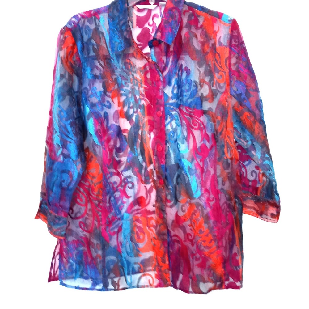Erin London sz L Floral Bohemian Art To Wear Semi Sheer Blouse Abstract Artsy